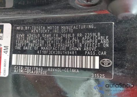 2011 Toyota Camry Le from USA, damaged, VIN 4T1BF3EK3BU149481
